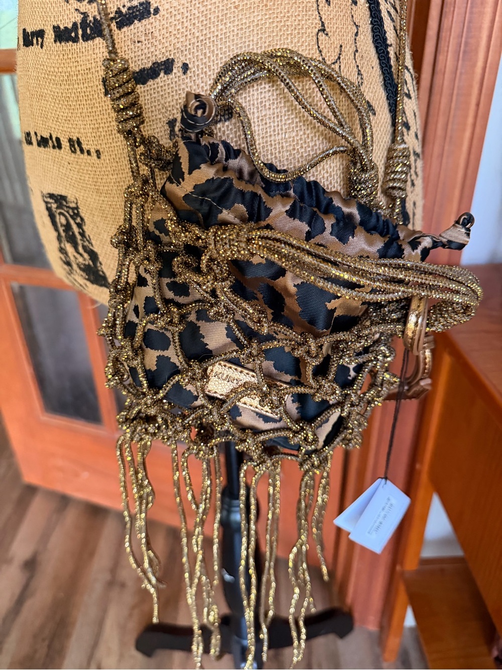 Kurt Geiger Gold Beaded Leopard-Print Drawstring Mini Bag